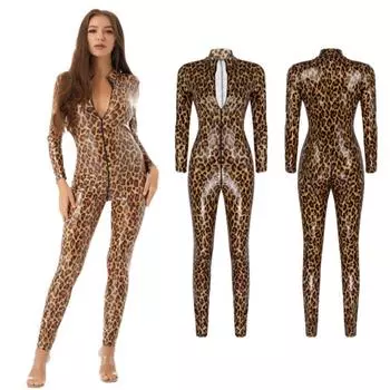 Сексуальный женский лакированный кожаный комбинезон с леопардовым принтом и длинными рукавами, боди на молнии L коричневый