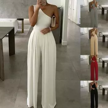 Сексуальный женский однотонный комбинезон на одно плечо, весенние элегантные широкие брюки, комбинезон, летние свободные пляжные комбинезоны без рукавов, комбинезон XL белый
