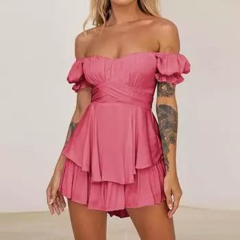 Сексуальный женский однотонный комбинезон с открытыми плечами, короткими рукавами, плиссировкой и молнией сзади XL