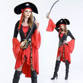 Сексуальный женский пиратский костюм женщина больших размеров женский Хэллоуин Необычные вечерние платья со шляпой Комплект Карнавальное представление Cos Взрослый Косплей Средневековые костюмы M