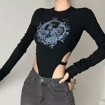 Сексуальный женский полый боди Y2K, весенне-осенний новый тонкий дизайн, футболки с длинными рукавами и принтом на талии, черные, белые цельные укороченные топы S чёрный