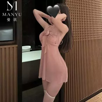 Сексуальный женский сетчатый топ с чистым желанием, кружевной набор на бретелях с розовым горлом One size [recommended 80-62.5kg]