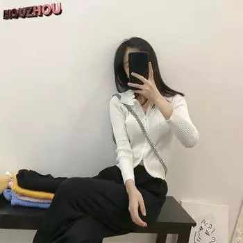 Сексуальный женский свитер на молнии с отложным воротником, осенний вязаный корейский уличный свитер с длинными рукавами, модная повседневная офисная одежда, укороченный топ S белый