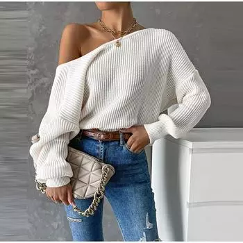 Сексуальный женский свитер осень-зима уличный стиль открытая спина вязаный свитер длинный рукав свободный однотонный пуловер S белый