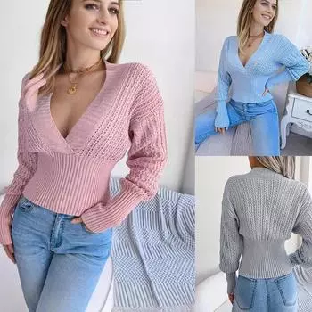 Сексуальный женский трикотажный топ с V-образным вырезом, модный свитер с рукавами «летучая мышь», ребристый, однотонный, тонкий, с заниженной линией плеч, повседневный, базовый свитер Communte S небесно-голубой