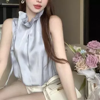 Сексуальный жилет без рукавов, летние короткие топы, майка, женские жилеты, модный воротник с цветком и шнурком, однотонная шикарная одежда 26811 S синий