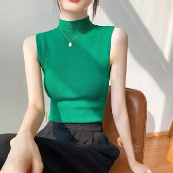 Сексуальный жилет без рукавов, женская вязаная блузка, модные топы на бретелях, весенне-летние повседневные рубашки, элегантные блузки с тонкой подошвой 25353 One Size чёрный