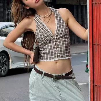 Сексуальный жилет с бретелью через шею, шнуровка, без рукавов, открытая спина, клетчатый узор, топы с кружевной отделкой, облегающие топы во французском стиле S