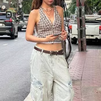 Сексуальный жилет с бретелью через шею, шнуровка, без рукавов, открытая спина, клетчатый узор, топы с кружевной отделкой, облегающие топы во французском стиле S