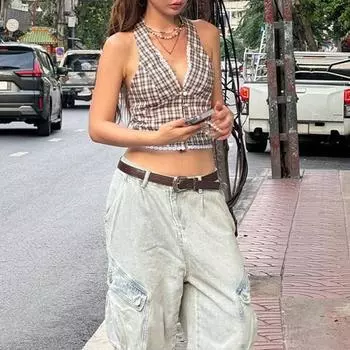 Сексуальный жилет с бретелью через шею, шнуровка, без рукавов, открытая спина, клетчатый узор, топы с кружевной отделкой, облегающие топы во французском стиле S