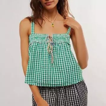 Сексуальный жилет женский клетчатый принт слинг-топ со шнуровкой свободный крой короткие топы регулируемый жилет с украшением на груди S зелёный