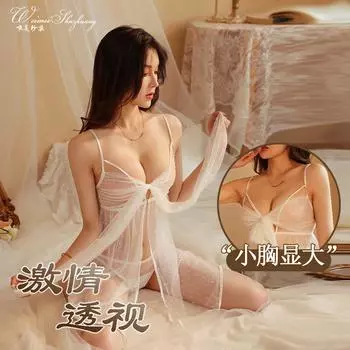 Сексуальная и горячая ночная сорочка с перспективой женская чистая страсть бант глубокий V на бретелях пижама в горошек сетка разрез секс пижама one size fits all