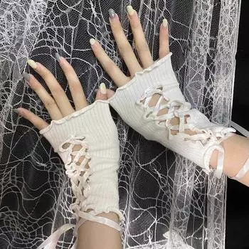 Sexy Ballet Style Lace-up Oversleeves Sub-Culture Gloves Dancing Aby Y2g Open Finger Two-Dimensional Half Short Oversleeves White