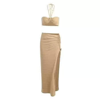 Sexy Beauty Back Cropped Chest-Wrapped Dress Women S Sling Khaki S
