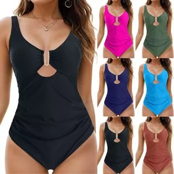 Sexy Bikini One Piece Swimsuit U Wire Push Up Monokini Solid Color Swimwear For Women Summer Bathing Suit Swimming Beach Wear S горячий розовый