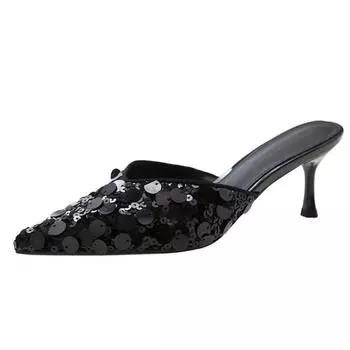 Sexy Bling Women High Heels Mules Shoes Pointed Toe Slippers 2024 Summer Slingback Sandals Pumps Dress Flip Flops Female Slides 35 чёрный
