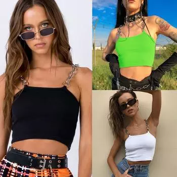 Sexy Chains Spaghetti Straps Crop Top Summer Vest Club Party Streetwear S