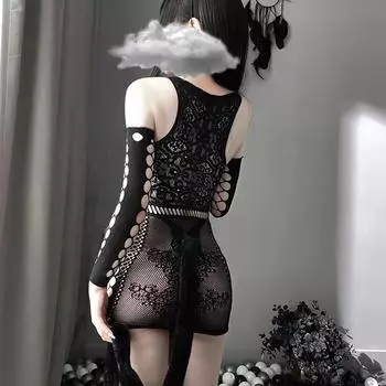 Сексуальная одежда с вырезами эротическое нижнее белье с открытой грудью очаровательное маленькое платье из сетки дикой кошки черное шелковое 7420 average size [80-62.5 kg]