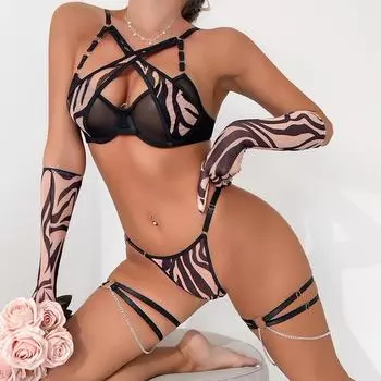 Сексуальный крестообразный бюстгальтер, коричневый зебра, сетчатая окантовка, собирающий, стринги, комплект из четырех предметов с перчатками S