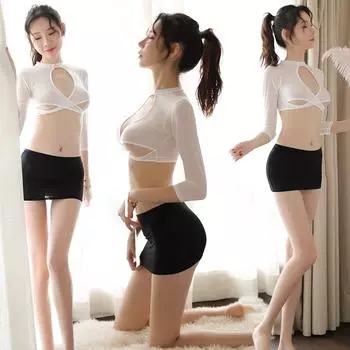 Сексуальная форма секретаря с перекрестными бретелями, сексуальная пижама, прозрачная соблазнительная юбка, комплект One size