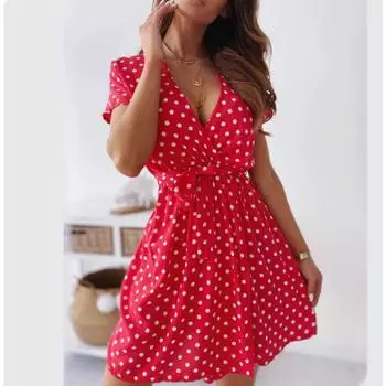 Sexy Deep V Retro Polka Dot Short-sleeved Dress with A Tie and A Cinched Waist A-line Short Skirt Summer Dress S
