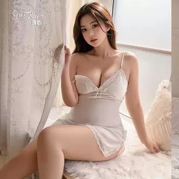 Сексуальная ночная сорочка с глубоким V-образным вырезом, с двойным разрезом до бедра, с подкладкой на груди, атласным кружевом и открытой спиной, большого размера M