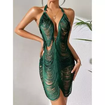 Sexy Dress2023 Fashion Summer Sexy Night Club Style Halterneck Deep V Women s Clothing Dress Solid Color Hollow-out Dress Dark green L