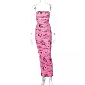 Sexy Dress European and American Women s Clothing 2023 Spring and Summer New Fashion Print Hollow Backless Bandeau Slim-Fit Dress Pink M