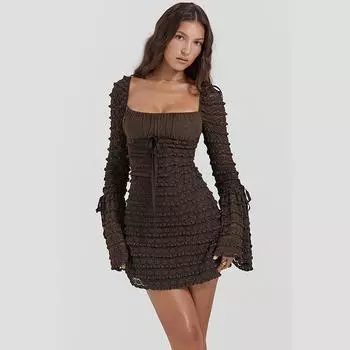 Sexy Dress Fall New Sexy Sexy Bodycon Dress Elegant Elegance Silm Lace Sunken Stripe Dress Women Brown S