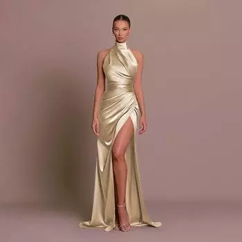 Sexy Dress Fashion 2023 Autumn New Arrival Stand Collar Dress Halterneck Sleeveless Split Bottoming Dress Dress Champagne M