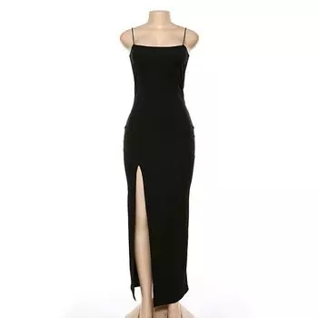Sexy Dress Fashion 2023 Spring New Suspender off-Neck Slim Fit Backless Sexy Slit Dress Female Black L