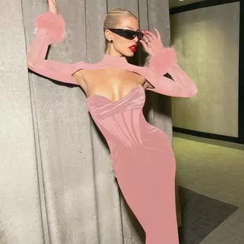 Sexy Dress Fashion 2023 Summer Women s Stuffed Mesh Stitching Sexy Nightclub Cut Out Long Dress Slim Dress Pink M