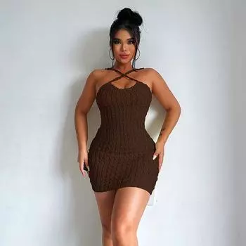 Sexy Dress Fashion 2023 Summer Women s Clothing New Sling Open Back Sex Sexy Solid Color Popcorn Dress Coffee K23D31211 (short skirt) M