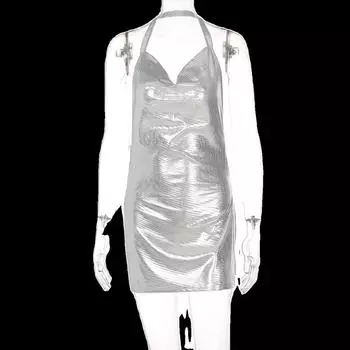 Sexy Dress Fashion 2024 Spring Summer Women s Wear New Sexy Open Back Solid Color Slim Fit Slit Dress Female Silver L