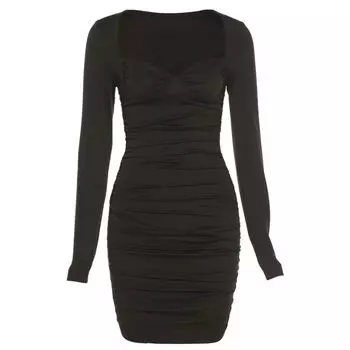 Sexy Dress Fashion New New Fall Women s Clothing Long Sleeve Square-Neck Sexy Low-Cut Slim Fit Sheath Dress Black S