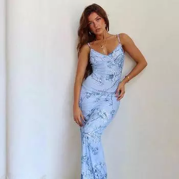 Sexy Dress Summer 2023 New Fashion Stylish Vacation Casual Slim Fit Printing Slip Dress Women Blue S