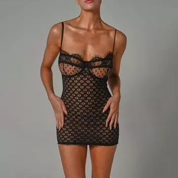 Sexy Dress Summer Zipper Double-Layer See-through Fishtail Skirt Sexy Sling Open Back Tight Lace Polka Dot Dress Black Skirt S