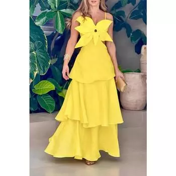 Сексуальное элегантное ажурное вечернее платье с оборками, летнее цветочное облегающее длинное платье, модная шикарная милая пляжная одежда с открытой спиной L жёлтый