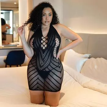 Сексуальный вышитый сетчатый комплект из цельного боди и нижнего белья one size fits all