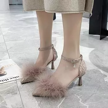 Sexy Fashion Pointed Toe Cover Heel Stilettos Women Sandals Baotou Fur Feather Hollow Word Buckle Strap Thin High Heels Shoes 34 чёрный