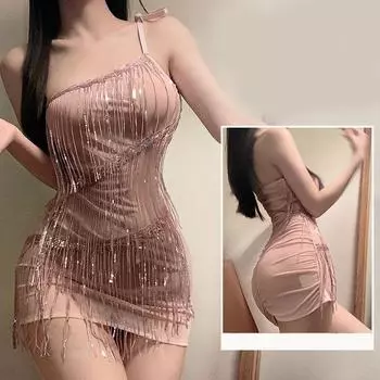 Sexy Female Dress Sequined Tassel Hip-Wrapped See-Through Uniform Nightdress