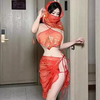 Сексуальный женский сексуальный шея карман на животе античный невеста разрез на бедре шнуровка короткая юбка униформа M size [80-60 kg]