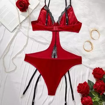 Сексуальный фланелевый комбинезон на бретелях с кружевной вставкой и ажурным вырезом для женщин S