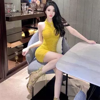 Sexy Gyaru Sleeveless Chest Emphasizing Pleat Design Back Hollow Yellow White Sheath Modal Dress Women Yellow S