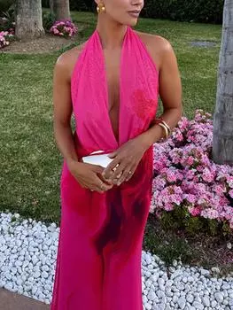 Сексуальное вечернее платье с принтом «халтер» Женское элегантное облегающее платье без рукавов с открытой спиной Модная шикарная уличная одежда с цветочным принтом в стиле тай-дай S красный