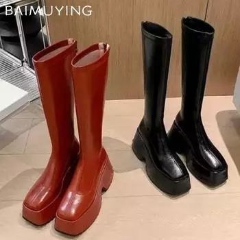 Sexy High Boots Women Platform High Heels Leather Shoes Women 2025 Trend Winter New Punk Knee High Motorcycle Botas De Mujer 35 красный