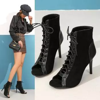 Сексуальные босоножки на высоком каблуке, женские туфли, туфли-лодочки, новые модные черные сандалии с открытым носком и перекрестными ремешками из флока 35 чёрный