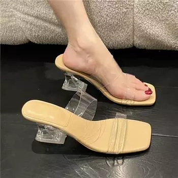 Sexy High-heel Slippers Women New Summer Fashion Style Square Head Transparent Sandals Ladies Sexy Open Toe Clear Outside Slides 35 белый