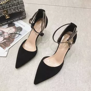 Sexy high heels pointed 2025 spring and summer new stiletto high heel one-word buckle Korean version versatile side empty women s single shoes 34 чёрный