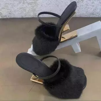 Sexy High Heels Women Fur Slippers 2024 Winter Warm Plush Flip Flops Fashion Luxury Open Toe Sandals Pumps Mujer Slides Zapatos 34